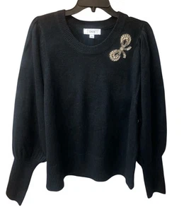 CeCe Woman’s Black Rhinestone Beaded Bow Gathered Shoulder Soft Sweater L - Picture 1 of 3
