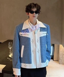 Moda Para hombres Color Empalme Solapa Mezcla Lana Chaqueta Corta Elegante Botones Abrigo - Imagen 1 de 8