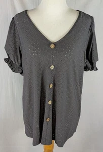 Bloom Chic Womens Grey Top sz 14/16 Shirred short Puff Sleeves Eyelet Pullover - Picture 1 of 7