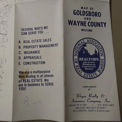 Goldsboro NC North Carolina Original vtg old City Map Wayne County Realty 1960s - Image 1 of 4