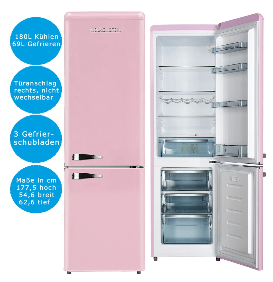 Wolkenstein Retro Kühl-Gefrierkombination Pink 249L 55cm Breit KG250.4RT - Bild 1 von 4