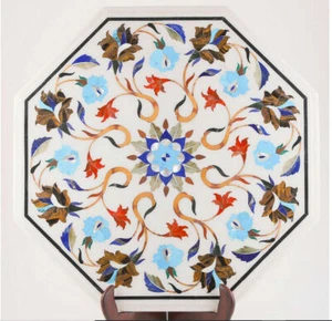 18" Marble Side End Table Top Semi Precious Stones Floral Work Handmade - Picture 1 of 1