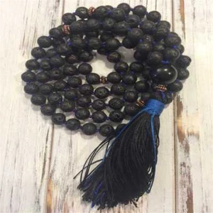 8mm Natural Volcanic Lava 108 Beads Tassel Knot Necklace Men Gemstone - Picture 1 of 9