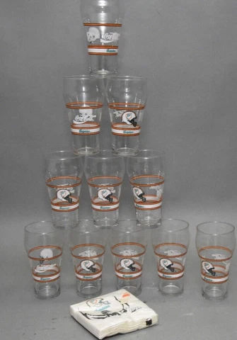 NFL MIAMI DOLPHINS & COCA COLA DRINKING GLASS LOGO, 11 GLASSES, With Napkins Cover