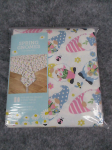 Easter Tablecloth 60x84 Spring Gnomes White Vinyl Oblong Oval Tables NEW