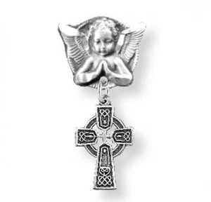 Sterling Silver Angel With Wings Pin w/Tiny Celtic Cross, US Made, Boxed 1" - Picture 1 of 2