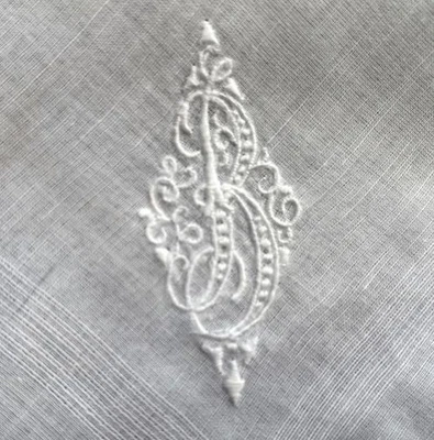 VINTAGE HANKY EMBROIDERED MONOGRAM INITIAL "B" CLASSIC SCROLLING WHITE ON WHITE - Image 1 of 3