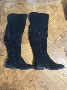 Size 8 - Shoedazzle Black Flat Over Knee Riding Boots Tally (N5) - Picture 1 of 9