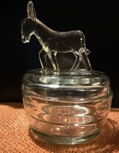 Jeannette Glass Co Donkey Covered Powder Bowl Dish Clear Trinket Candy Jar - Picture 1 of 6