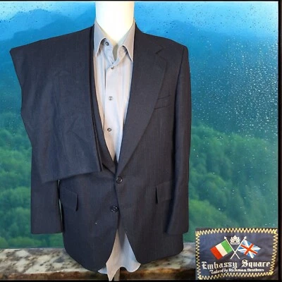 Traje Embassy Square 2 Piezas Para Hombre 40S 32X30 Azul Marino Rayas Franela Tweed Lana Defecto Foto 1 de 4