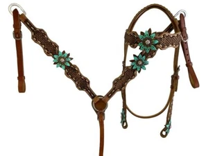 Showman Leather Browband Headstall & Breast Collar Set w/ Teal & Brown Flowers - Picture 1 of 2