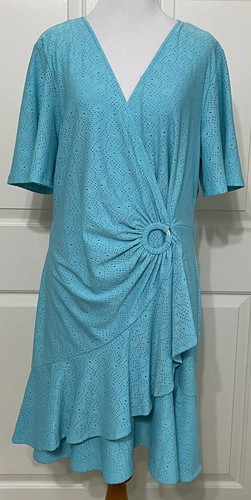 Abito Michael Kors taglia XL turchese manica corta volant aderente e svasato $155 nuovo con etichette