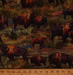 Cotton Home on Range Buffalo Animals Bison Green Fabric Print by Yard D474.62 - Picture 1 of 1