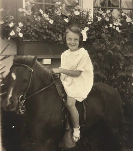 RPPC Photo Pretty Girl on Pony w/Buzz Cut Impatients Flowers Found in Markle, IN - Picture 1 of 7