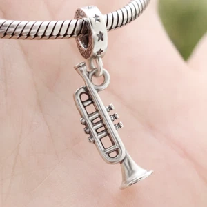 925 Sterling Silver 3D Trumpet Charm Pendant Antique Musician Gift For Bracelet - Picture 1 of 6