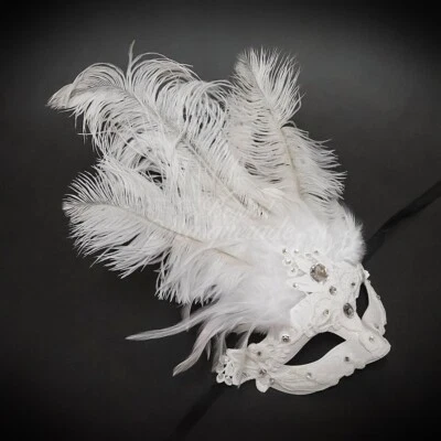 Women's Feather and Lace Mardi Gras Carnival Costume Masquerade Mask [White] - Image 1 of 4