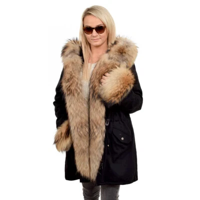 Military Black Parka With Hood Cuffs & Front of Raccoon Fur Jacket Coat Real Fur - Image 1 of 4