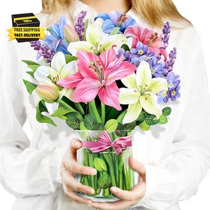 Tarjeta de ramo emergente, lirios y altramuces, 12 pulgadas flores de papel tarjetas emergentes 3D con - Imagen 1 de 8