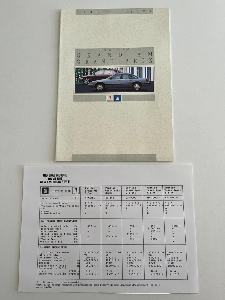 General Motors PONTIAC Grand Am Prix sedán folleto francés lista de precios 1993 Foto 1 de 1