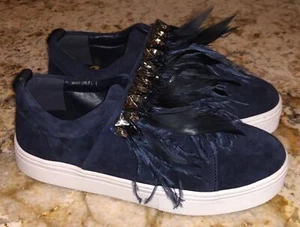 SAM EDELMAN Lelani Feather Rhinestone Suede Platform Sneakers Womens Sz 6 7.5 - Picture 1 of 6