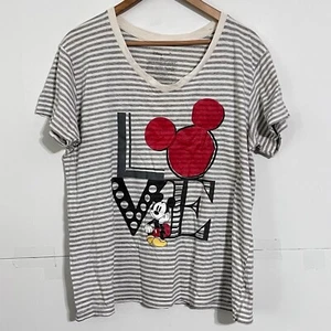 Disney Girls T-Shirt Size 2XL Grey Striped Dingy Faded Mickey Mouse Love Tee - Picture 1 of 6