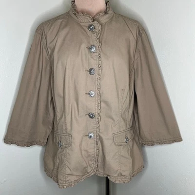 Christiana Zinn Jacket 2X Plus Womens Khaki Tan Ruffle Trim 3/4 Sleeve Button Up - Image 1 of 4