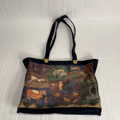 Art to Wear Tote Bag Large Blue Corduroy Farm Animal Purse Cow Owl Goat Signed - Image 1 of 4