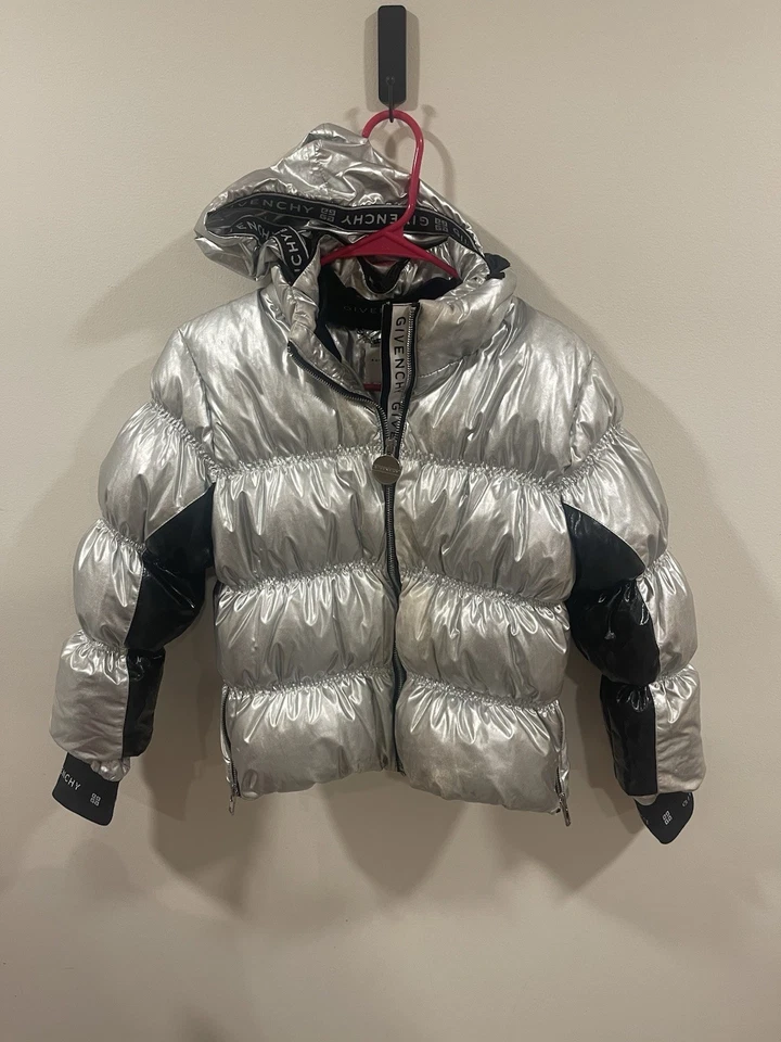 Givenchy Girls' Metallic Silver And Black  Down Puffer Jacket  Size 12 With Hood - Image 1 of 4