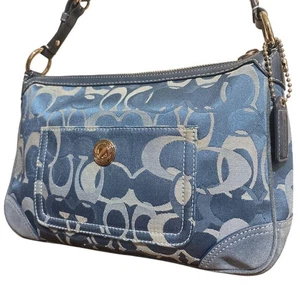 Coach Signature Metallic Blue Shoulder Bag Leather Canvas Excellent Condition - Picture 1 of 10
