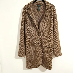 Lauren Ralph Lauren Herringbone Knit Blazer Size M Long Jacket Wool Blend Preppy - Picture 1 of 5