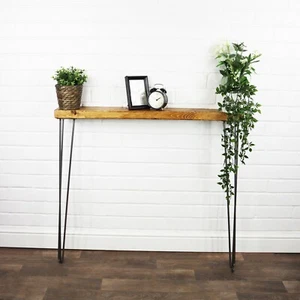 Console Table Solid Wood Timber Slimline Raw Steel Hair Pin Legs 14CM X 4.4CM - Picture 1 of 6