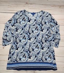 Camicia blusa paisley blu bianco manica lunga Apt 9 taglia grande donna - Foto 1 di 5