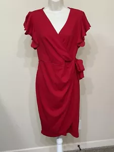 Oten Women’s Red Ruffle Shirt Sleeve V-Neck Wrap Front Stretch Midi Dress M - Picture 1 of 11