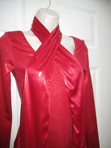 Para Mujer M Rojo Brillante Metálico Ballet Leotardo Body Manga Larga y Cuello Bufanda - Imagen 1 de 22
