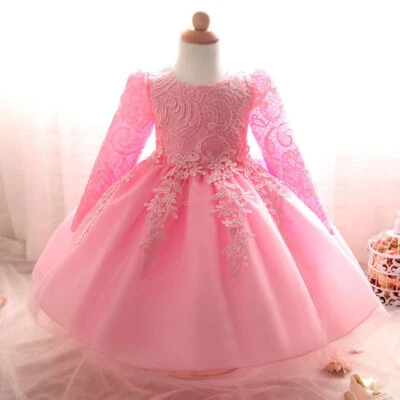 Long Sleeve Flower Girl Dress Bridesmaid Bow Wedding Birthday Lace Party Gown