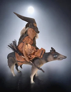 VTG Halloween Primitive Salems Ride sculpture Witch on Wolf Folk Art OOAK - Picture 1 of 10