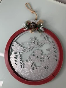 Christmas Santa/Reindeer Tin Cut Out Framed 13.5" Country Door Decor - Picture 1 of 6