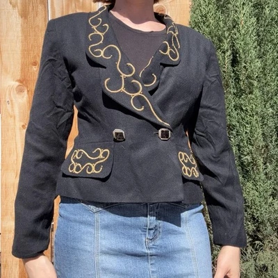 Blazer Moza New York Negro Con Bordado Dorado, Mujer Talla 8 De Colección Retro Foto 1 de 4