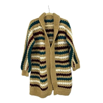 Cárdigan Suéter Retro Vintage Hecho a Mano Abuela Afgano Crochet M/L Marrón Teal Foto 1 de 4