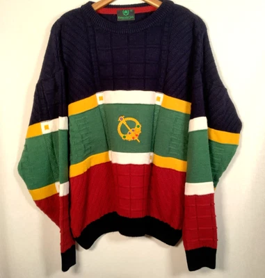 Vintage 1990s Emerald Isle Sweater Men Medium Colorblock Celtic Brooch Ireland - Image 1 of 4