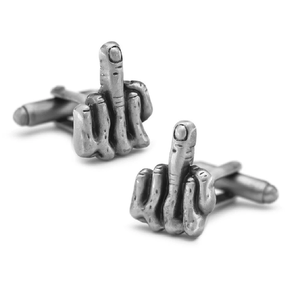 MIDDLE FINGER CUFFLINKS Funny Rude Gesture Gag Gift Gunmetal Gray NEW w GIFT BAG Foto 1 de 4