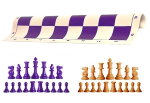 Piezas de ajedrez púrpura y bronceado y tablero de vinilo púrpura de 20" - juego de ajedrez triple ponderado - Imagen 1 de 4