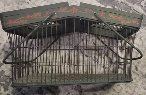Vintage Folk Art Painted Wire And Wood Picnic Basket Hand Made Cover