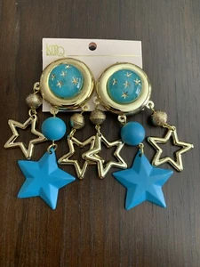 Vintage Sealed 80s KMQ STARS Fashion Plastic Clíp On Earrings Retro Gold & Blue - Picture 1 of 3