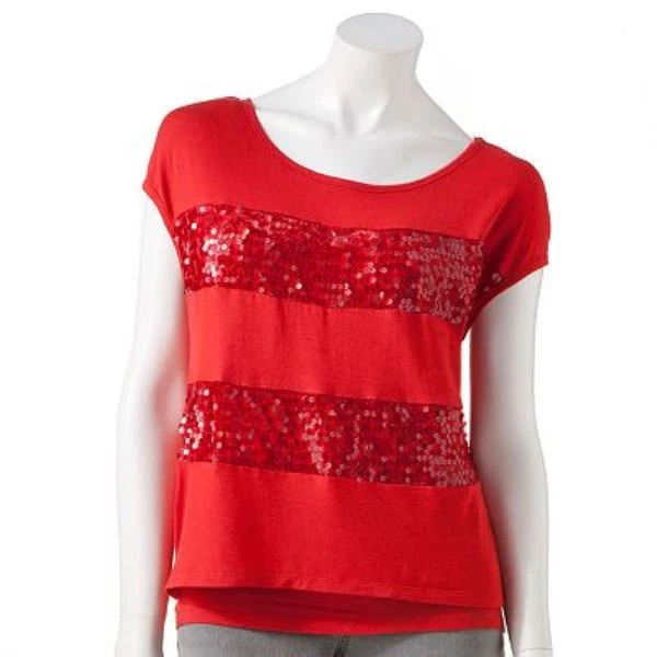 Women Junior Girl Dazzling Sequined Embellished Mock-Layered Top T-shirt Tank L - Image 1 of 1