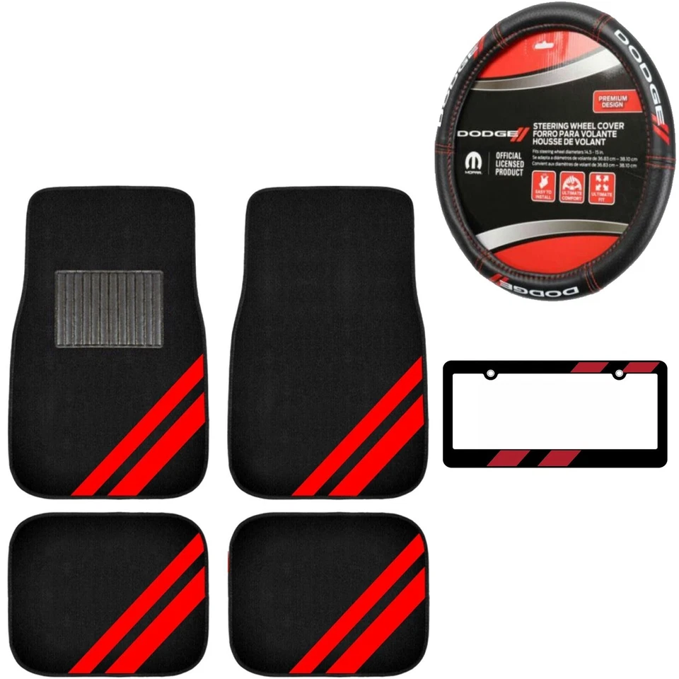 NEW 6PC DODGE Red Stripe Car Truck Black Floor Mats Steering Wheel Cover SET - Image 1 of 4