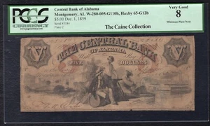 1859 $5 THE CENTRAL BANK OF ALABAMA MONTGOMERY, AL OBSOLETE NOTE PCGS VG-8 - Picture 1 of 2