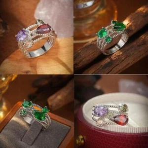 Jewelry Teardrop Cut Green Quartz Garnet Amethyst Silver Rings Size 6 7 8 9 10 - Picture 1 of 8