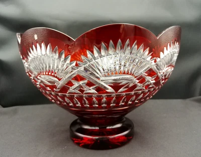 Ajka Ruby Red Crystal Cut to Clear Footed Large Centerpiece Bowl 9.75" - Image 1 of 4
