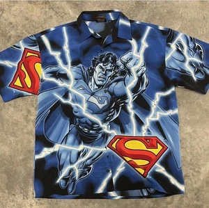 Vintage Superman Warner Bros Hemd Herren L Blau All Over Print Button Down Baggy - Bild 1 von 3